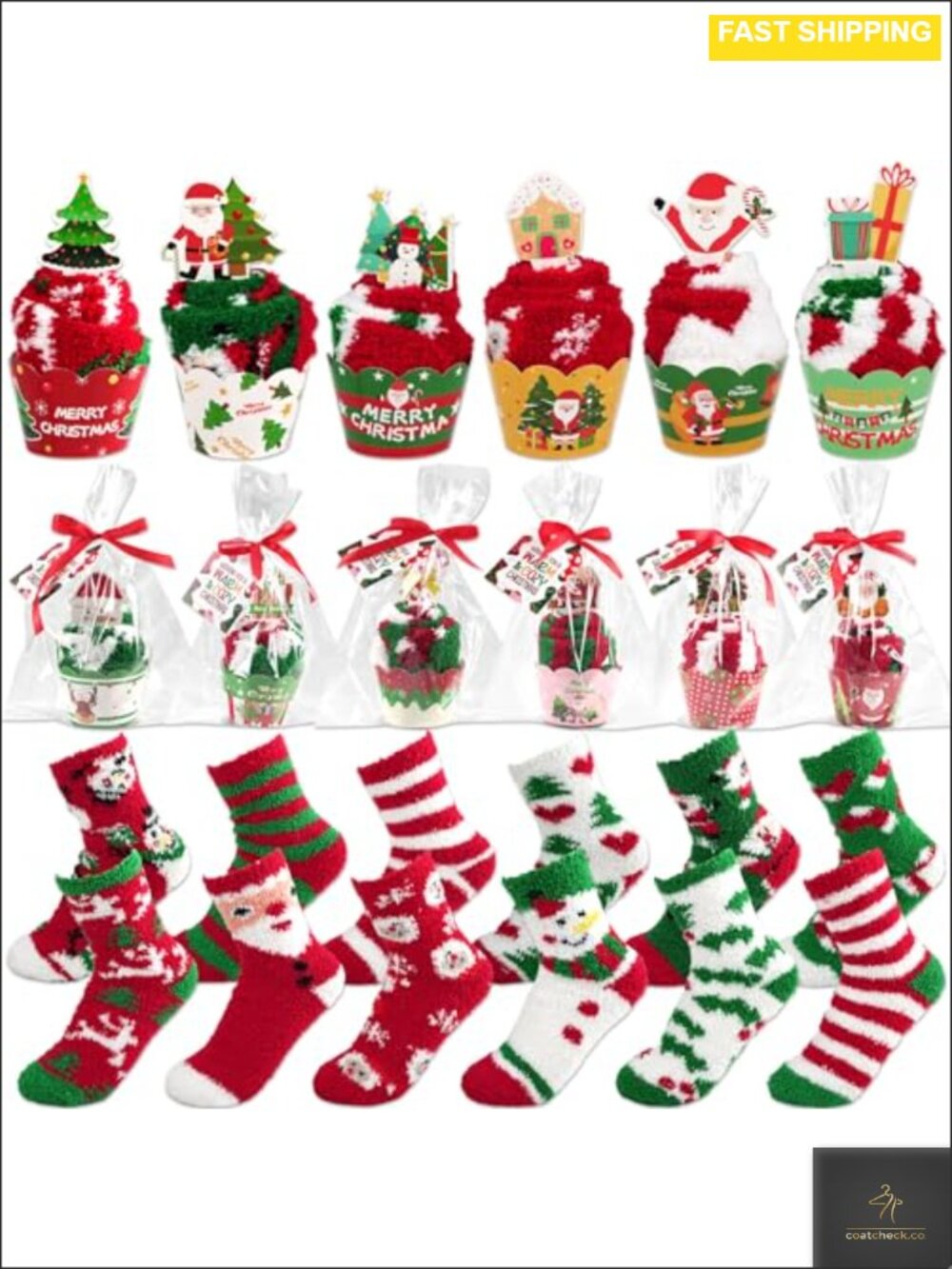 12 Pairs Christmas Fuzzy Socks Cupcake Gift Set Coral Fleece Cozy Bed Socks